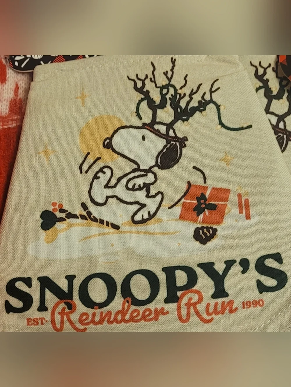 Peanuts, Snoopy Reindeer Run Bandana, Cream And Green